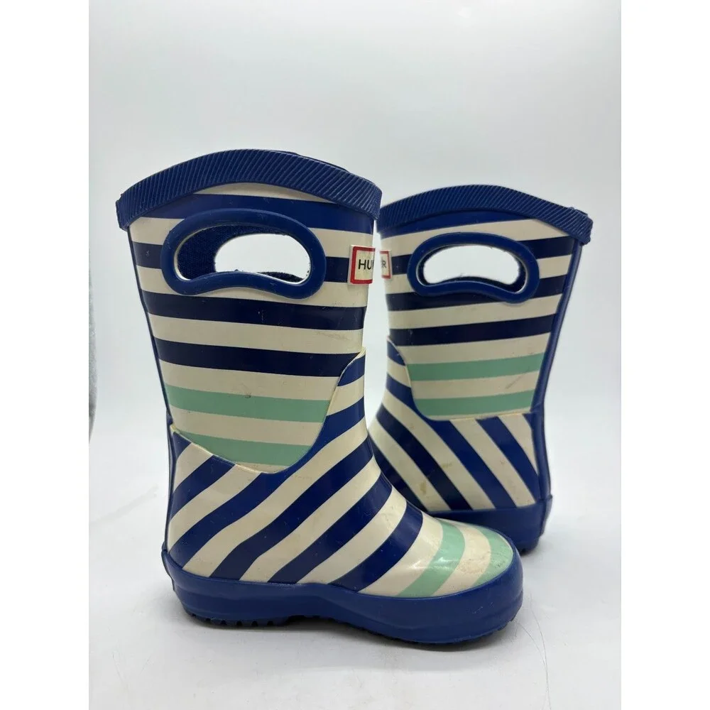 Hunter Target Kids Rain Boots Size 5 Blue Teal Striped Pull-On Rubber